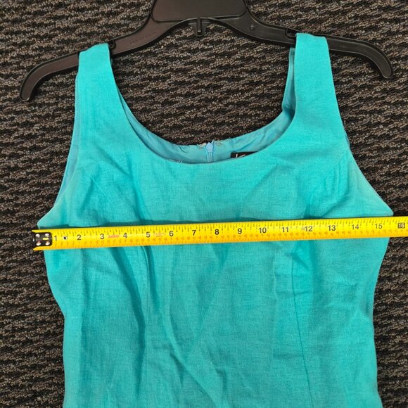 K Petite Teal Linen Blend Midi Dress Size 4P Sleeveless A-Line Blue Aztec Belt - Picture 10 of 12